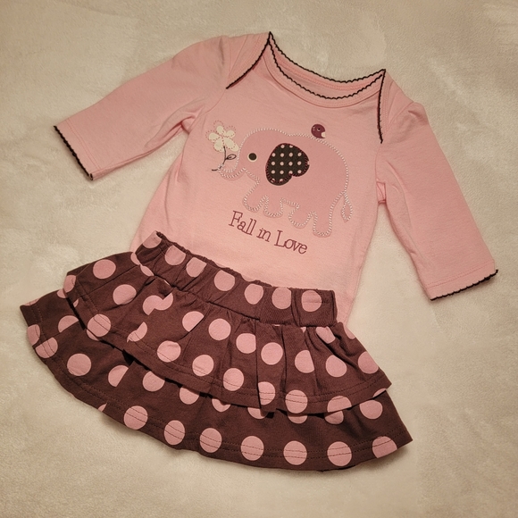 MINIVILLE ♡ Pink|Brown FALL IN LOVE Elephant Bodysuit w/Polka Dot Mini Skirt 3M - Picture 10 of 15